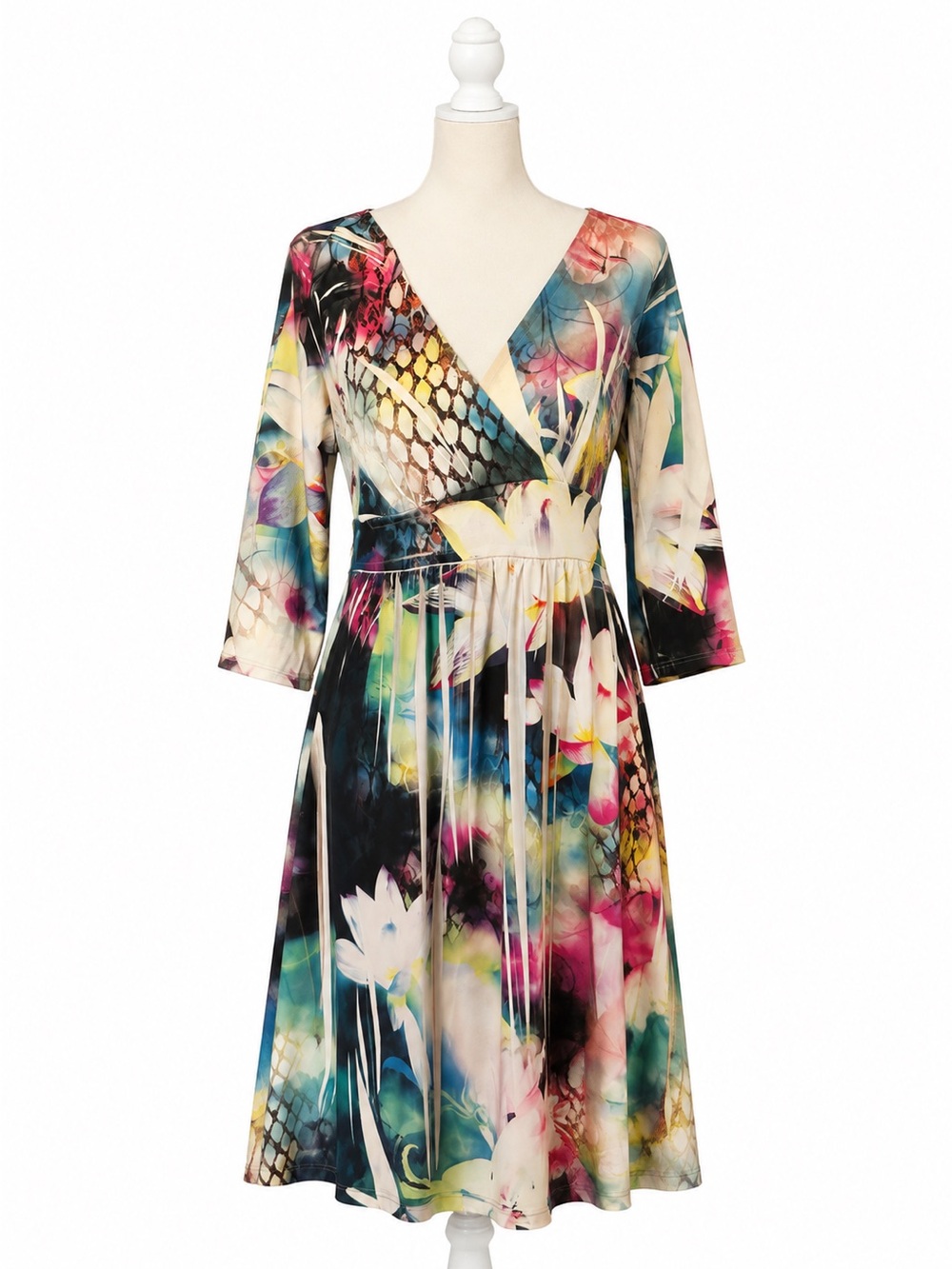 Body Central L Floral Print Fit & Flare Dress 3/4 Sleeve Faux Wrap Stretch Y2K